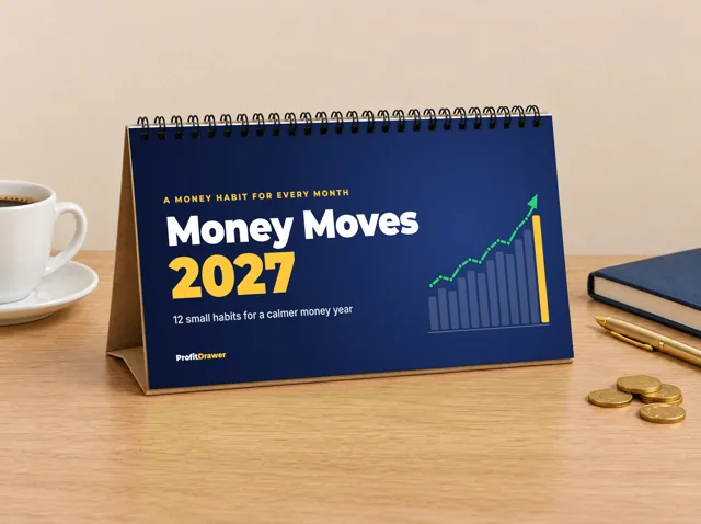 2027 Money Moves desk calendar on a desk, cover page