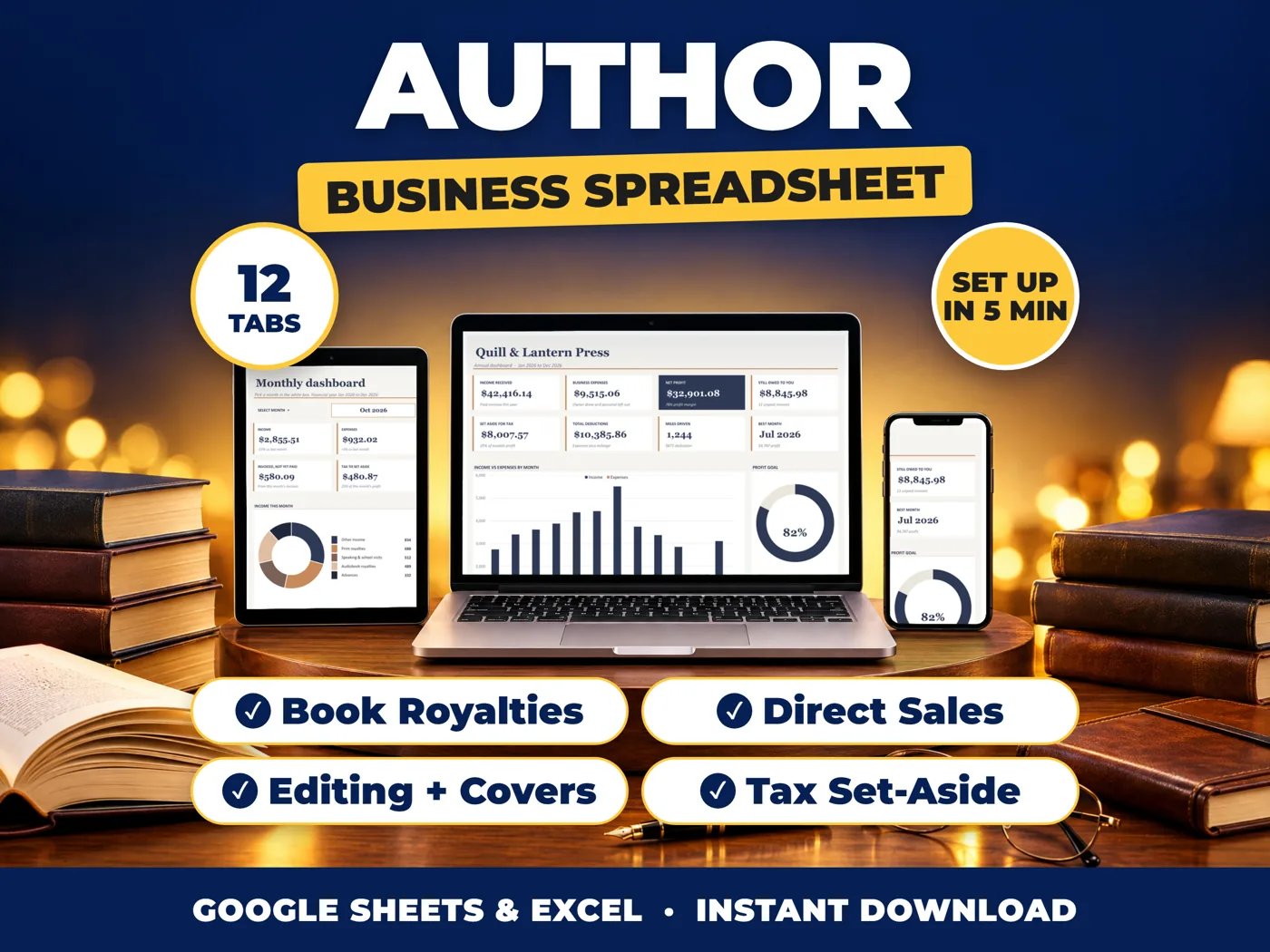 Author bookkeeping spreadsheet for Google Sheets and Excel on laptop, tablet and phone