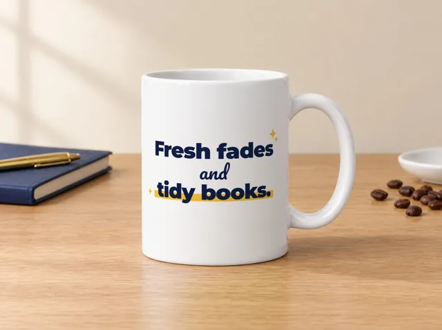 Barber coffee mug, white ceramic, front: "Fresh fades and tidy books."