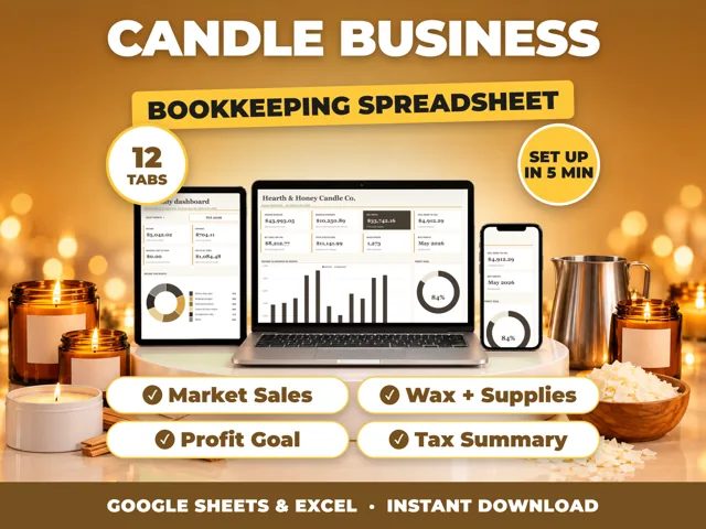 Candle Business bookkeeping spreadsheet for Google Sheets and Excel on laptop, tablet and phone