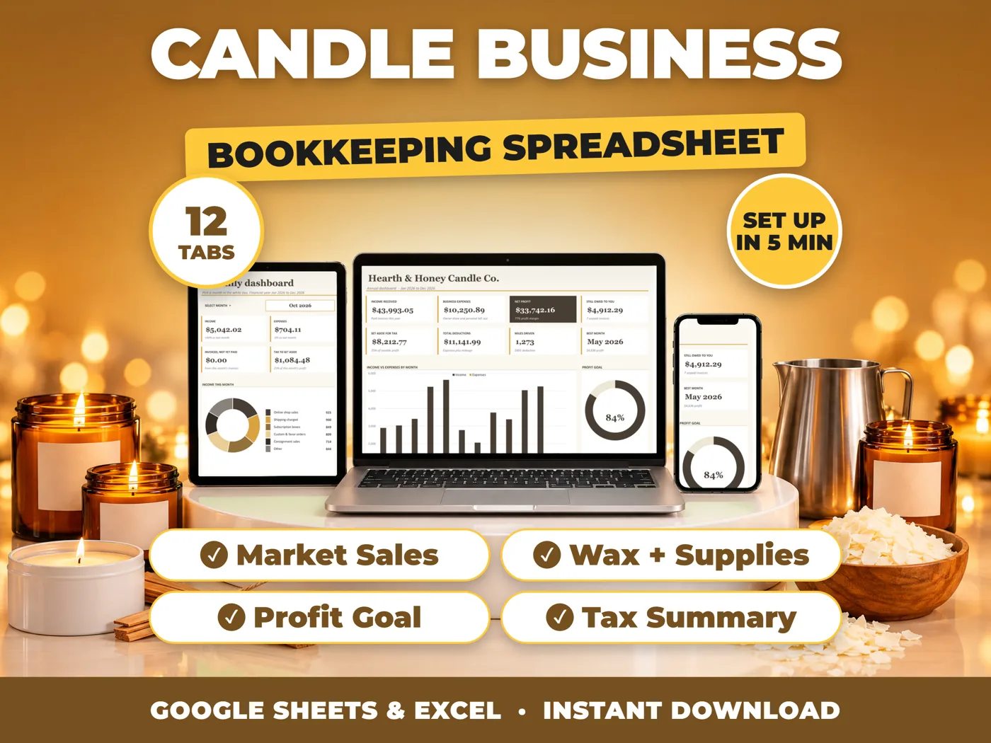 Candle Business bookkeeping spreadsheet for Google Sheets and Excel on laptop, tablet and phone