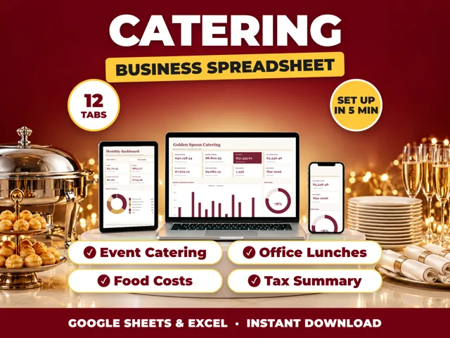 Catering bookkeeping spreadsheet for Google Sheets and Excel on laptop, tablet and phone