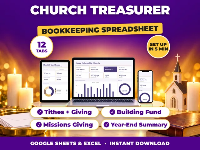 Church Treasurer bookkeeping spreadsheet for Google Sheets and Excel on laptop, tablet and phone