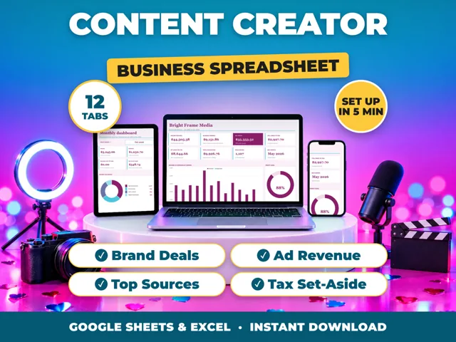 Content Creator bookkeeping spreadsheet for Google Sheets and Excel on laptop, tablet and phone