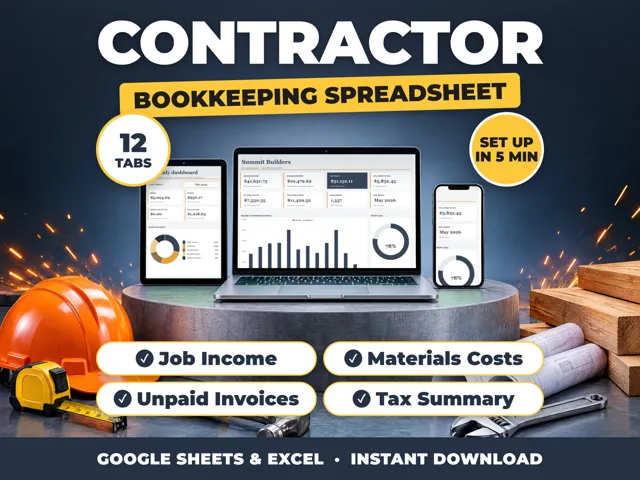 Contractor bookkeeping spreadsheet for Google Sheets and Excel on laptop, tablet and phone