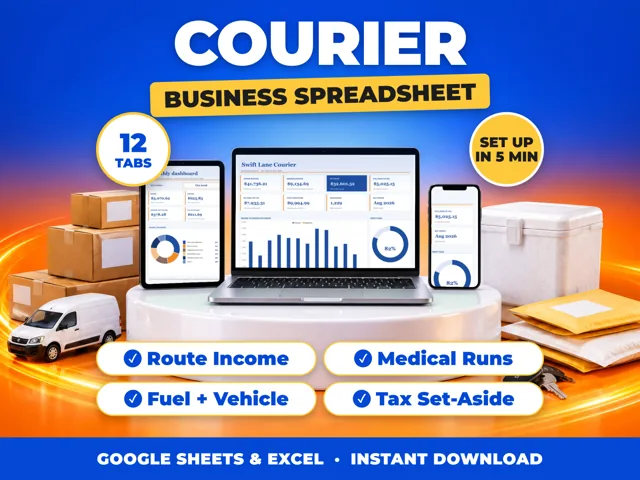 Courier bookkeeping spreadsheet for Google Sheets and Excel on laptop, tablet and phone