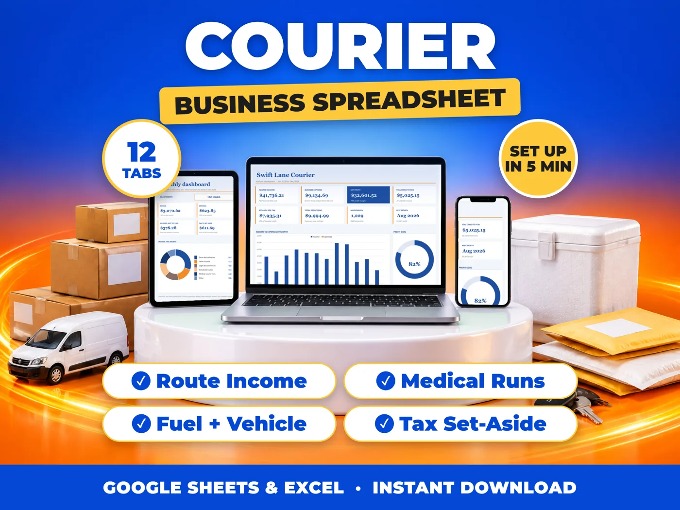 Courier bookkeeping spreadsheet for Google Sheets and Excel on laptop, tablet and phone