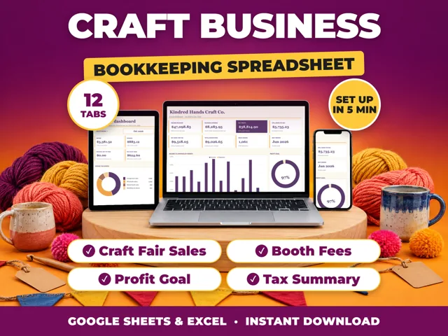 Craft Business bookkeeping spreadsheet for Google Sheets and Excel on laptop, tablet and phone