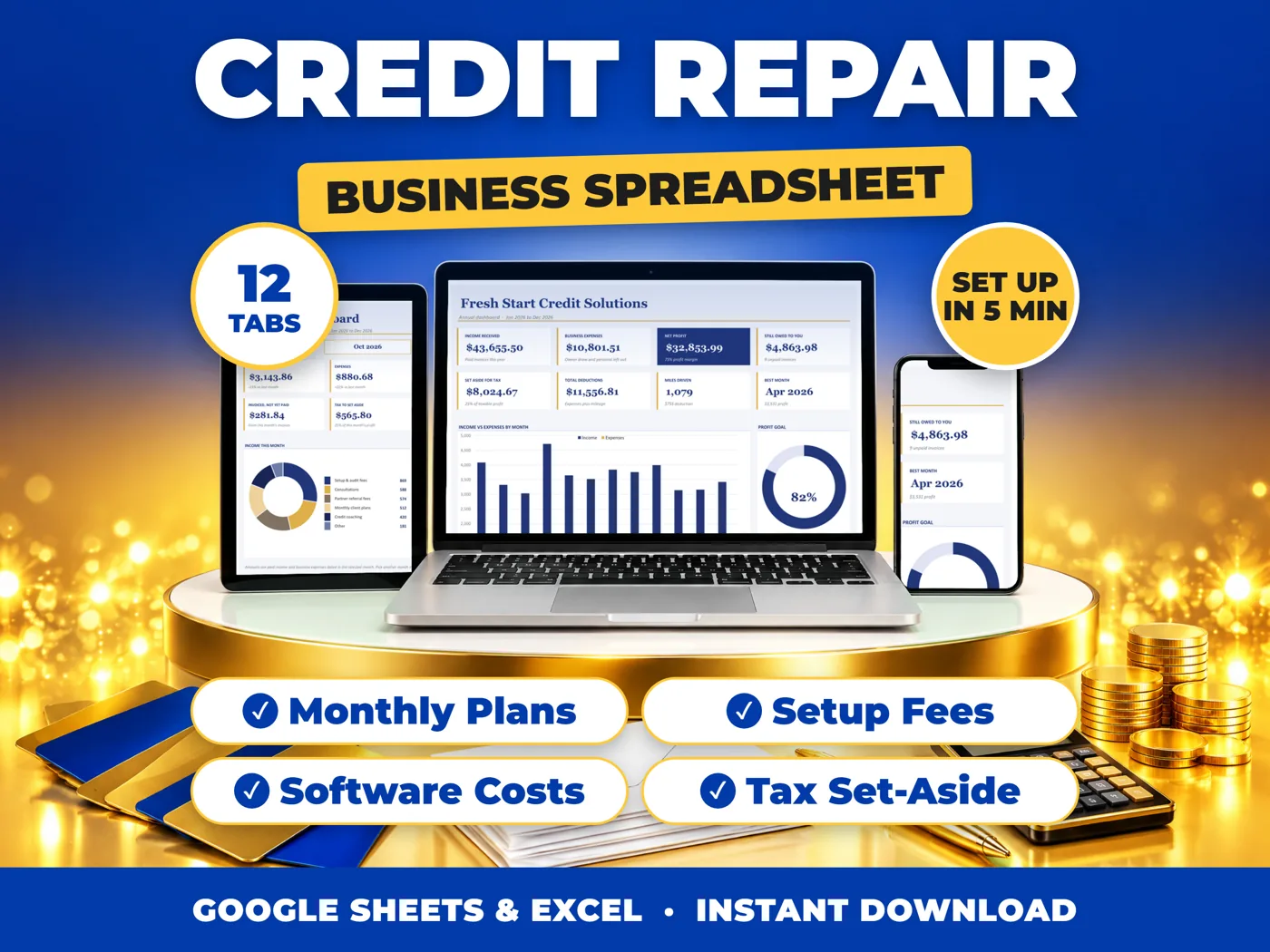 Credit Repair bookkeeping spreadsheet for Google Sheets and Excel on laptop, tablet and phone