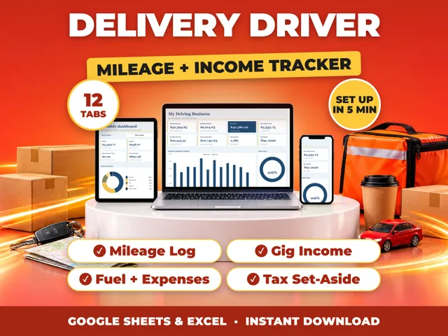 Delivery Driver bookkeeping spreadsheet for Google Sheets and Excel on laptop, tablet and phone