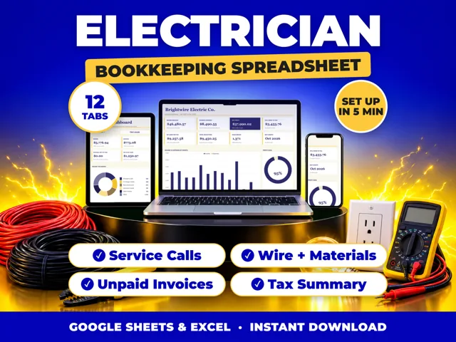Electrician bookkeeping spreadsheet for Google Sheets and Excel on laptop, tablet and phone