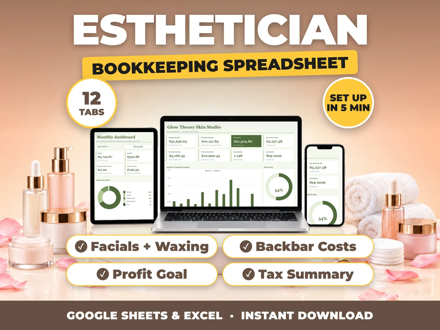 Esthetician bookkeeping spreadsheet for Google Sheets and Excel on laptop, tablet and phone