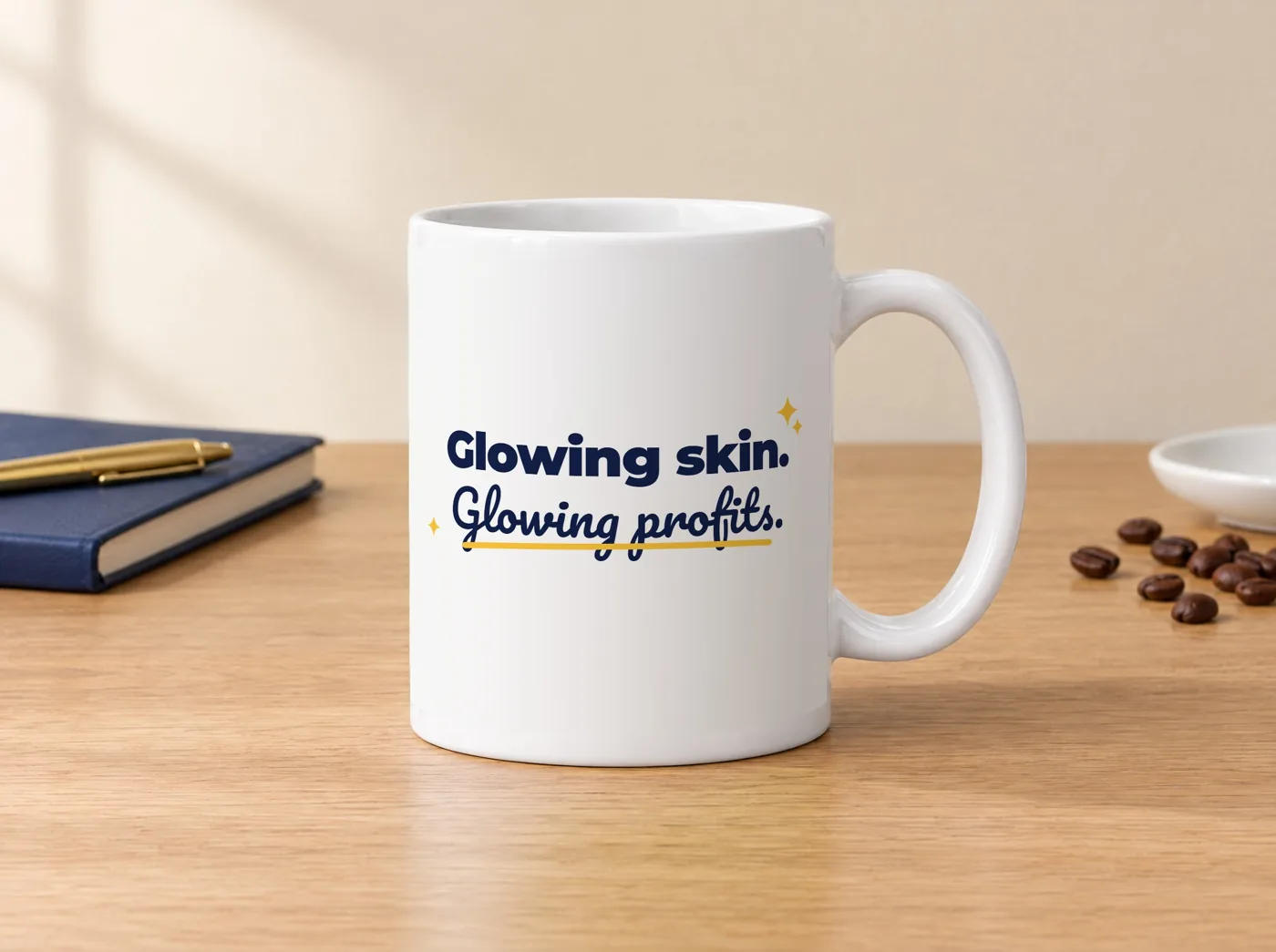 Esthetician coffee mug, white ceramic, front: "Glowing skin. Glowing profits."