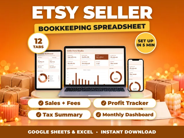 Etsy Seller bookkeeping spreadsheet for Google Sheets and Excel on laptop, tablet and phone