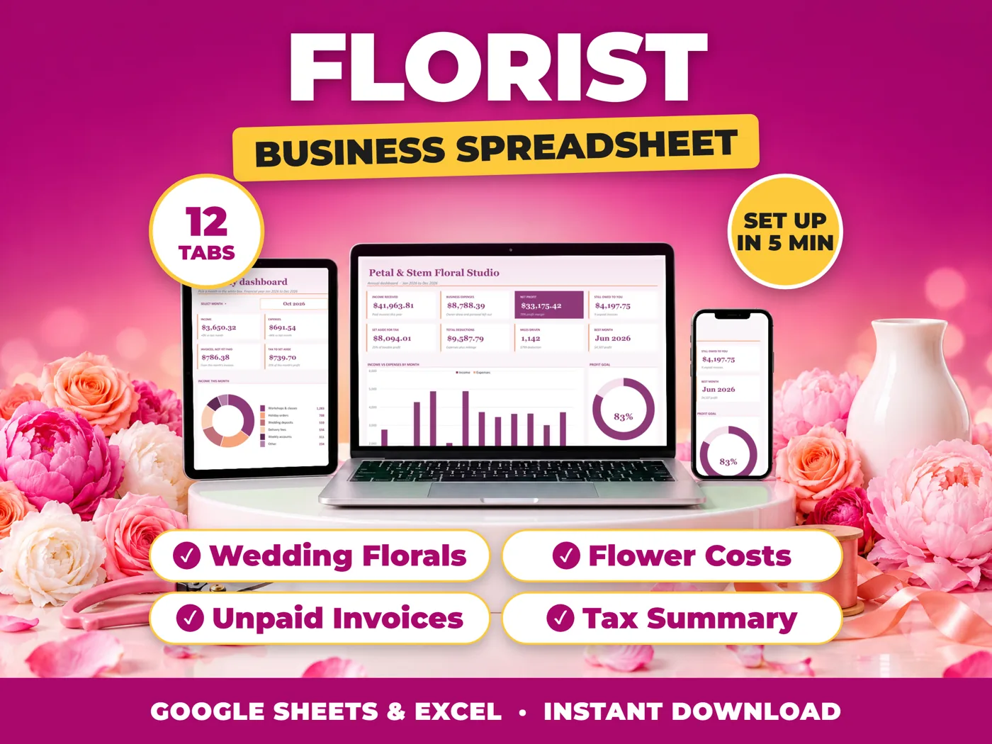 Florist bookkeeping spreadsheet for Google Sheets and Excel on laptop, tablet and phone
