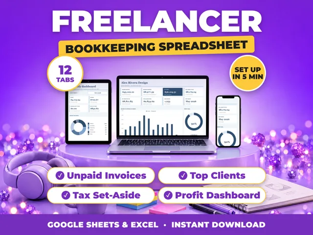 Freelancer bookkeeping spreadsheet for Google Sheets and Excel on laptop, tablet and phone