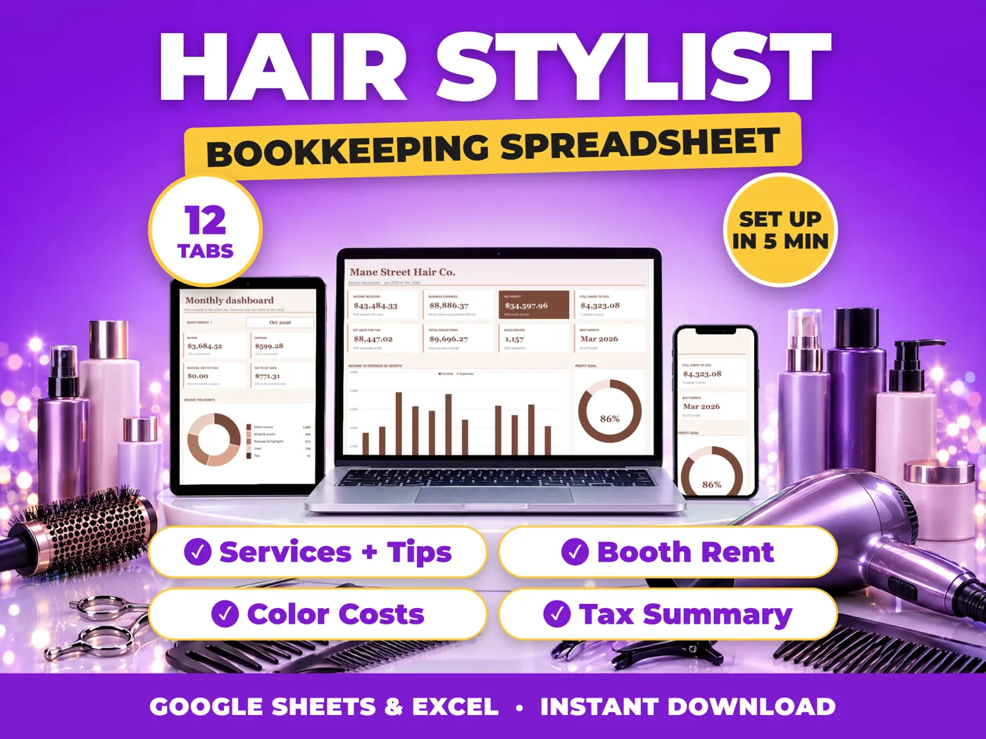 Hair Stylist bookkeeping spreadsheet for Google Sheets and Excel on laptop, tablet and phone