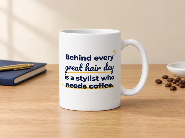 Hair Stylist coffee mug, white ceramic, front: "Behind every great hair day is a stylist who needs coffee."
