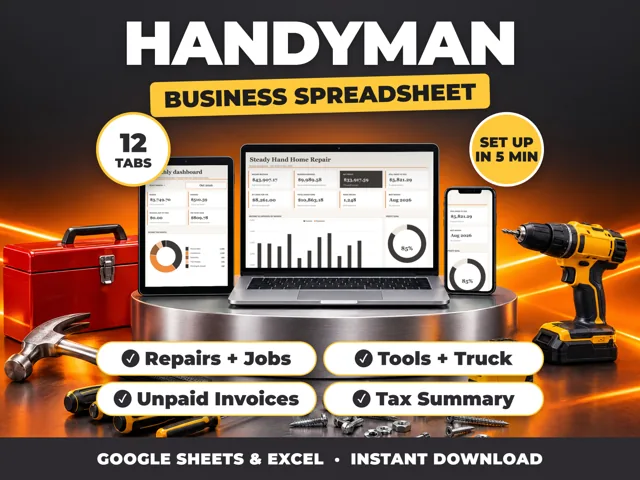 Handyman bookkeeping spreadsheet for Google Sheets and Excel on laptop, tablet and phone