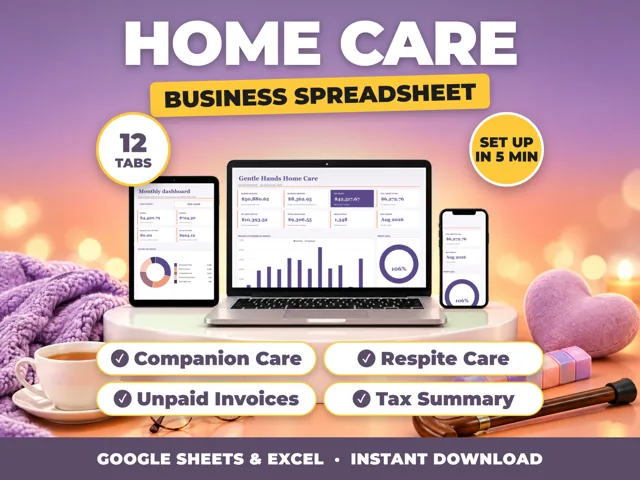 Home Care bookkeeping spreadsheet for Google Sheets and Excel on laptop, tablet and phone