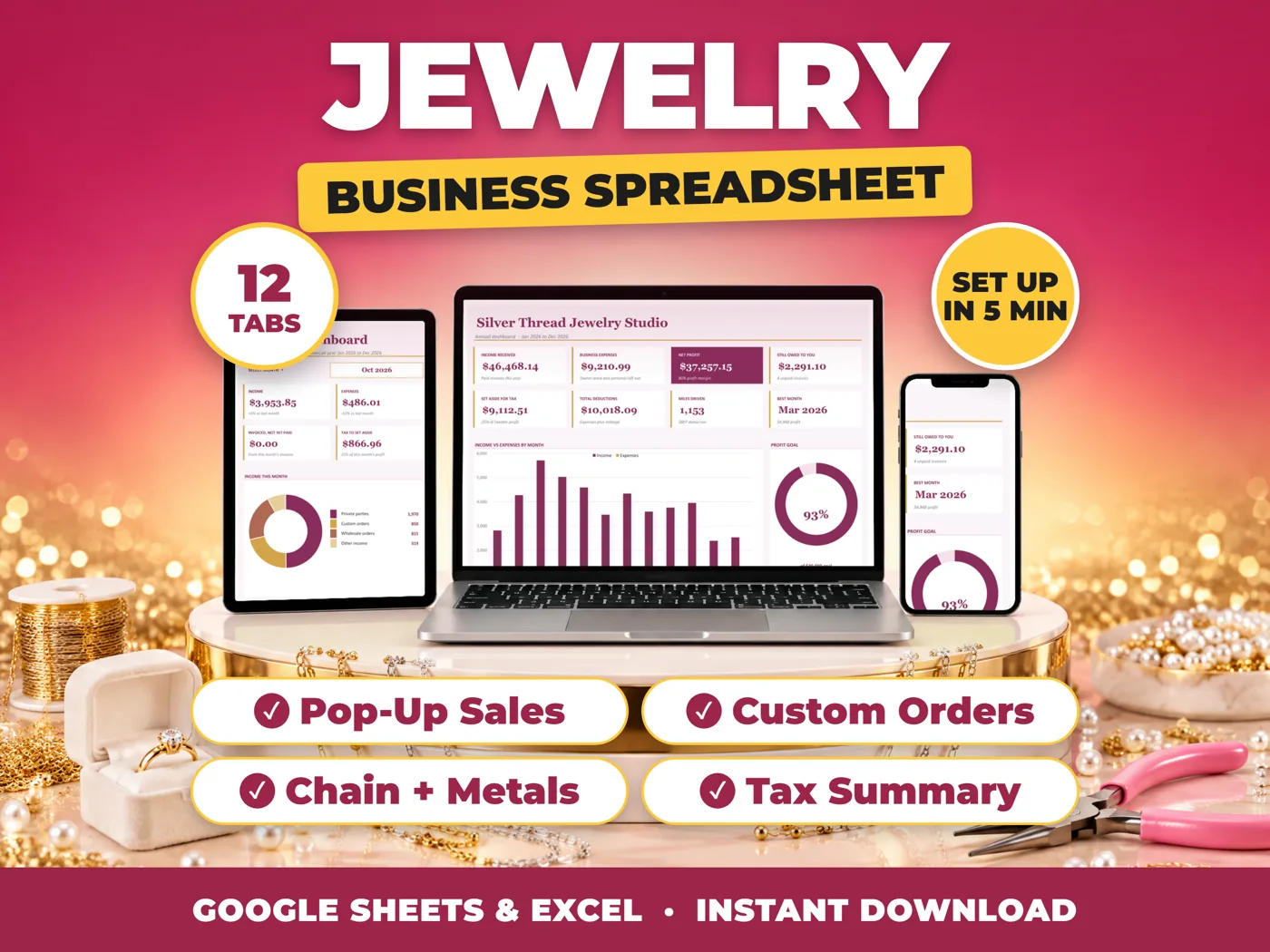 Jewelry bookkeeping spreadsheet for Google Sheets and Excel on laptop, tablet and phone