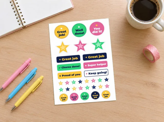 Kids Reward Sticker Sheet: kiss-cut sticker sheet on a desk