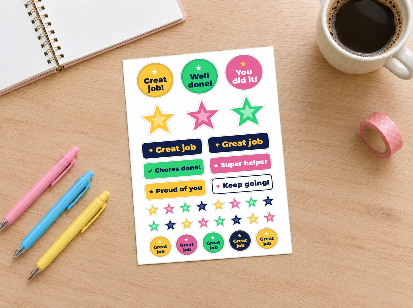 Kids Reward Sticker Sheet: kiss-cut sticker sheet on a desk