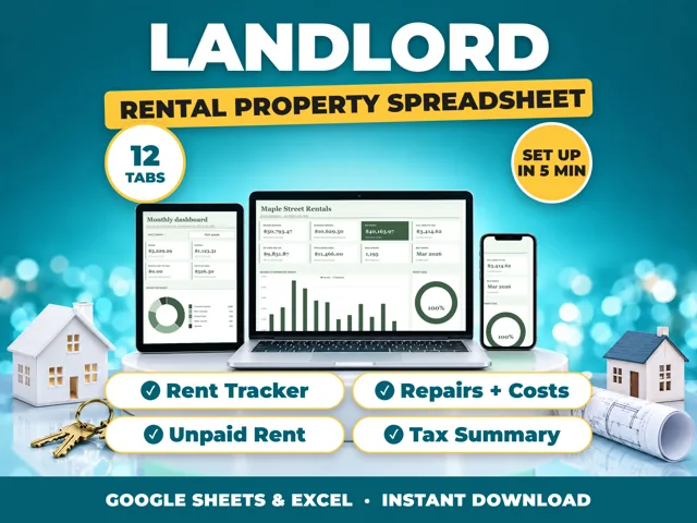 Landlord bookkeeping spreadsheet for Google Sheets and Excel on laptop, tablet and phone