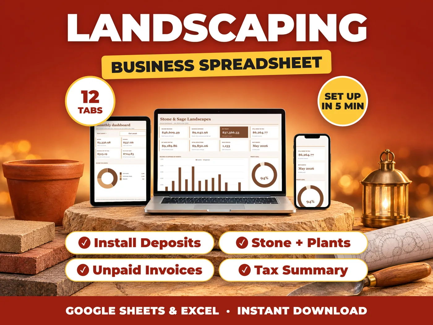 Landscaping bookkeeping spreadsheet for Google Sheets and Excel on laptop, tablet and phone