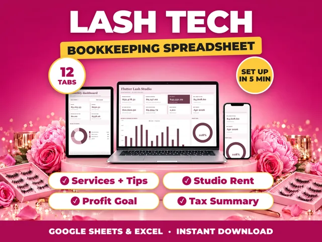 Lash Tech bookkeeping spreadsheet for Google Sheets and Excel on laptop, tablet and phone