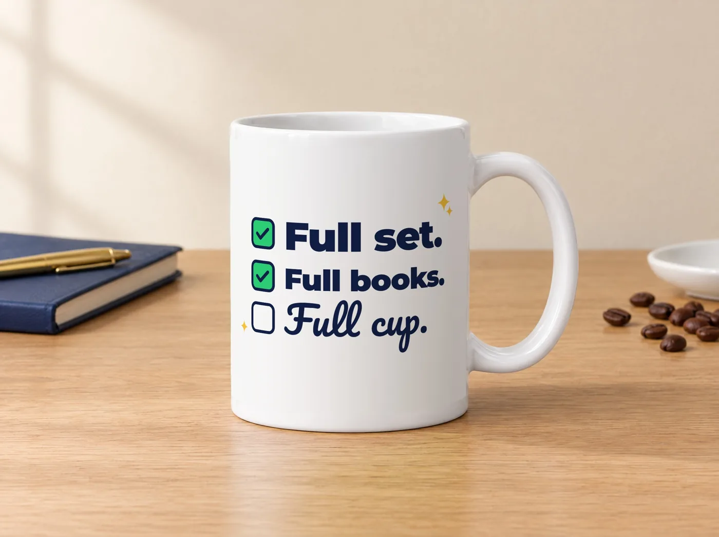 Lash Tech coffee mug, white ceramic, front: "Full set. Full books. Full cup."