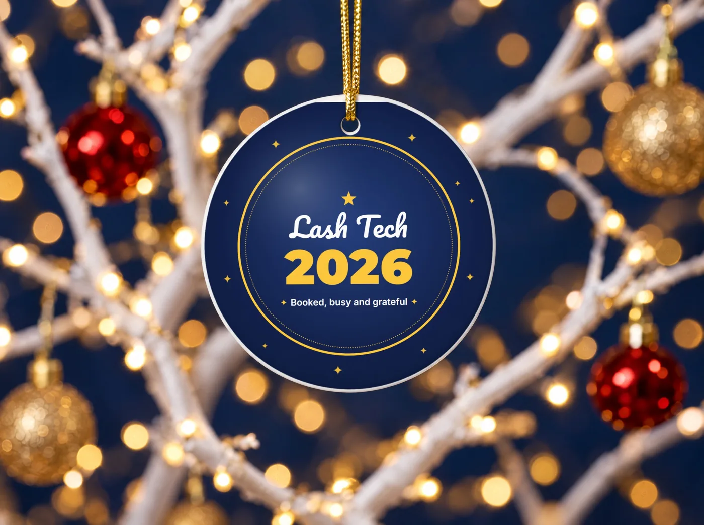 Lash Tech 2026 round ceramic Christmas ornament on a gold cord