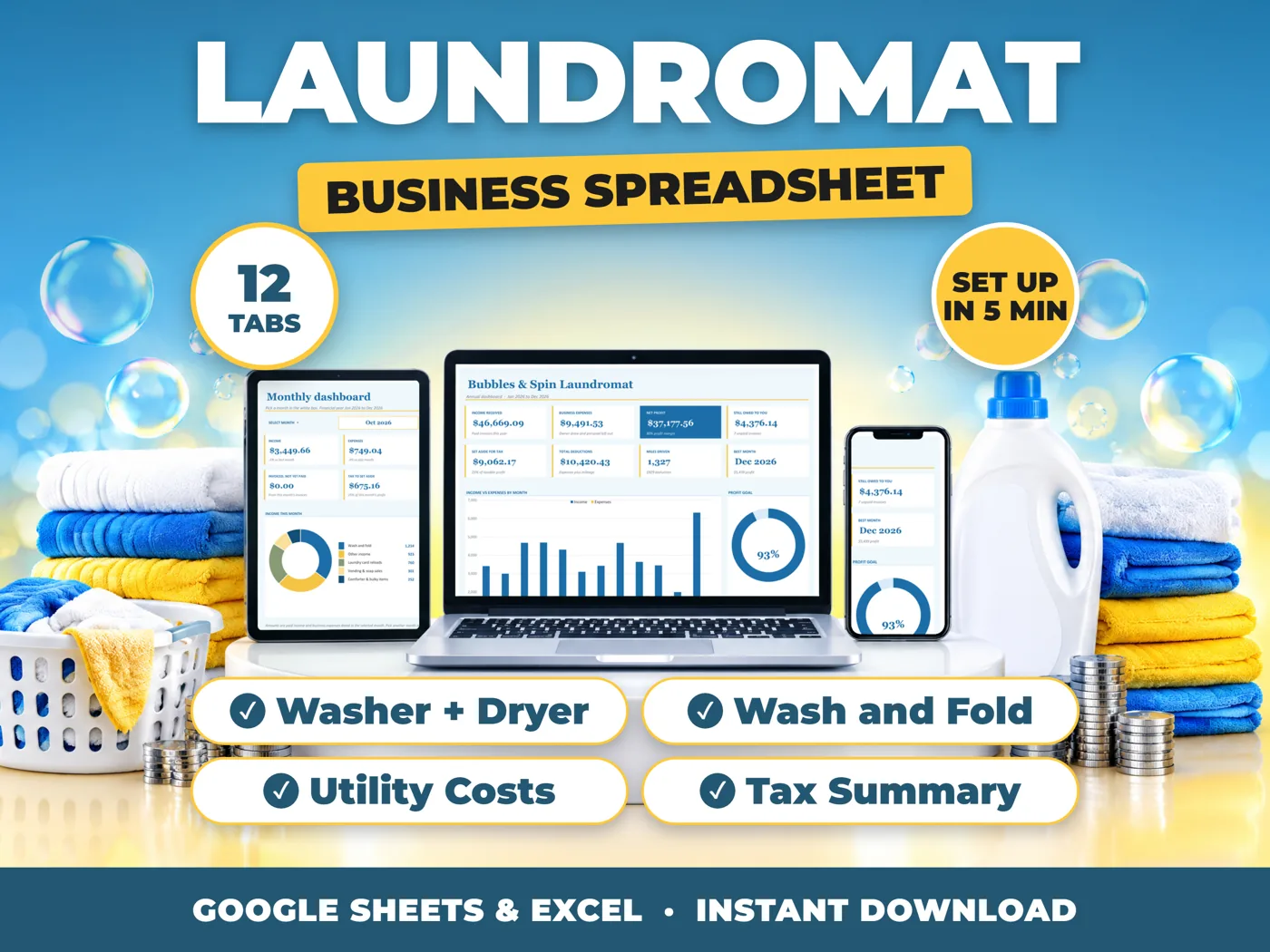 Laundromat bookkeeping spreadsheet for Google Sheets and Excel on laptop, tablet and phone