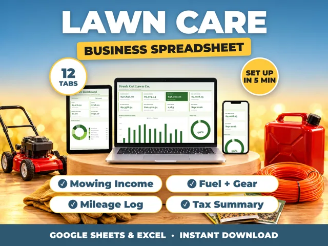 Lawn Care bookkeeping spreadsheet for Google Sheets and Excel on laptop, tablet and phone