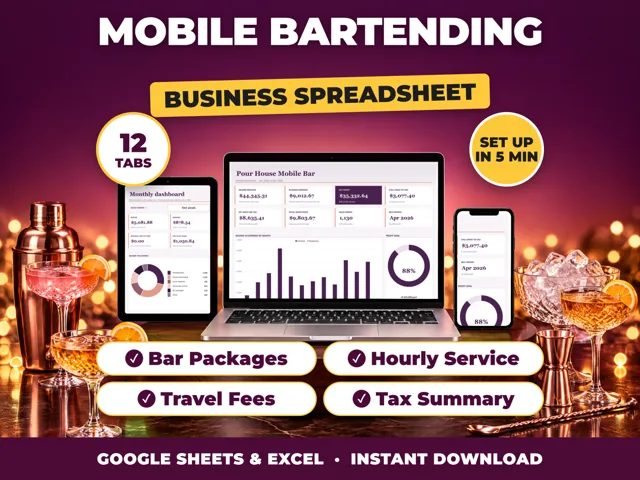 Mobile Bartending bookkeeping spreadsheet for Google Sheets and Excel on laptop, tablet and phone