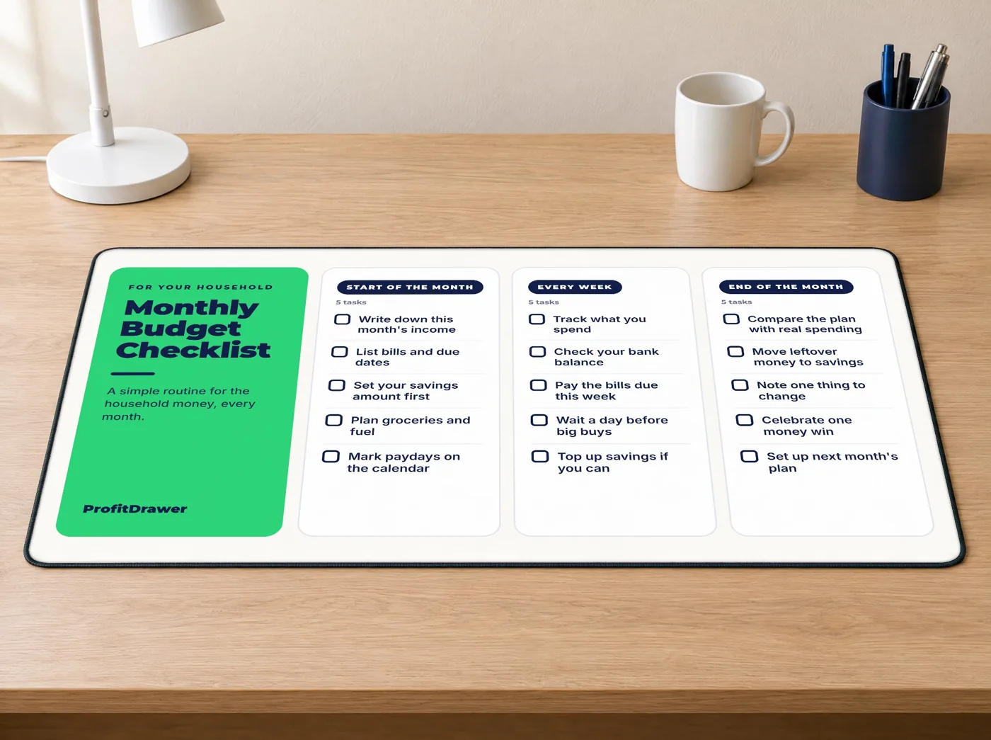 Monthly Budget Checklist desk mat on a desk