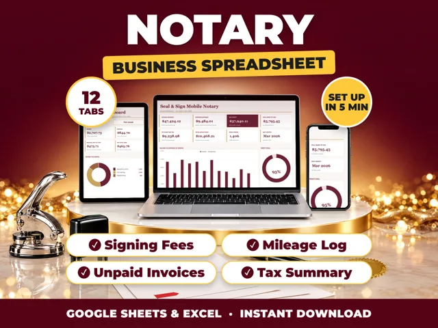 Notary bookkeeping spreadsheet for Google Sheets and Excel on laptop, tablet and phone