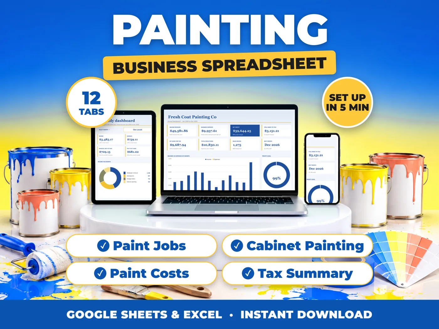 Painting bookkeeping spreadsheet for Google Sheets and Excel on laptop, tablet and phone