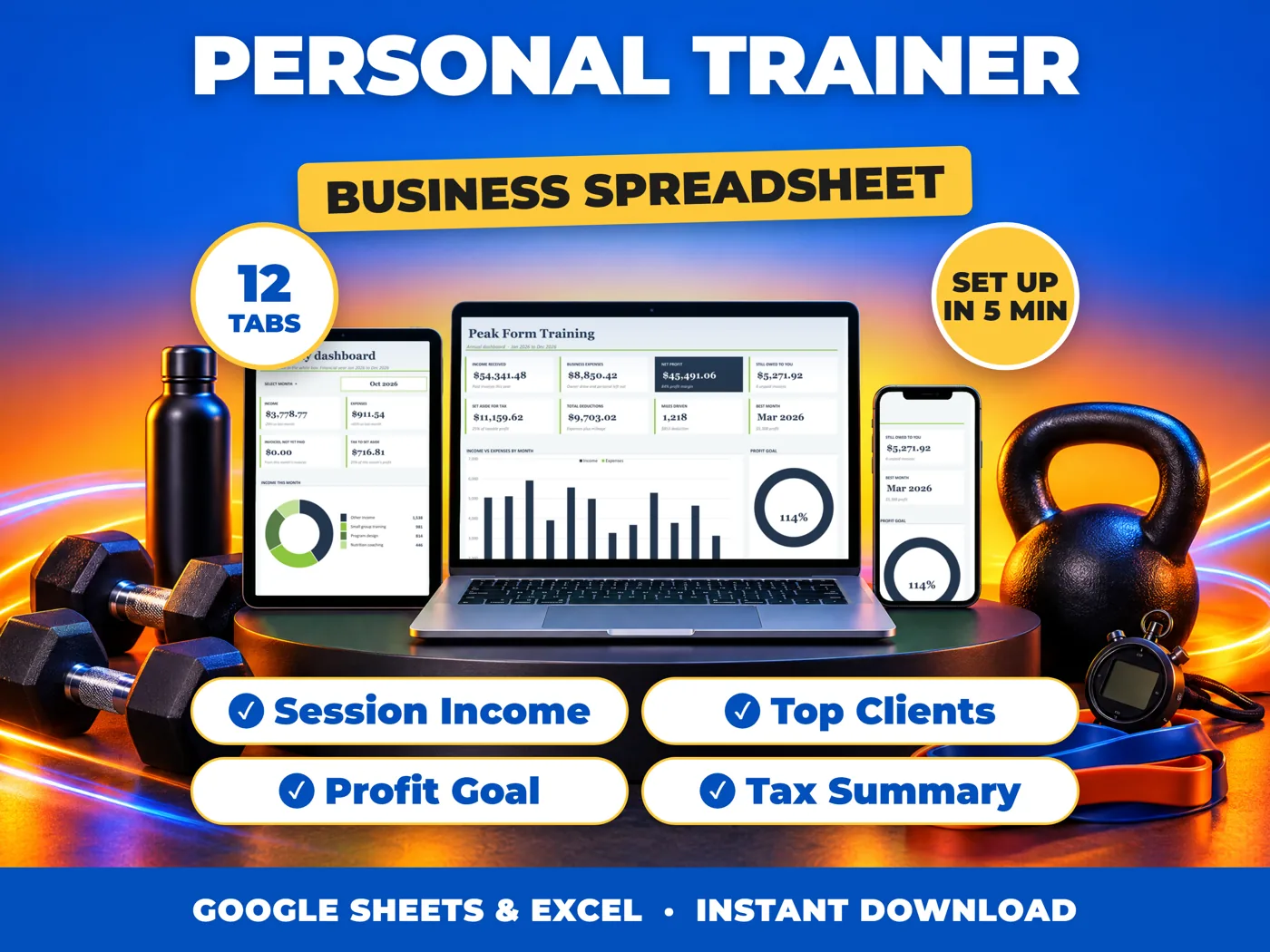 Personal Trainer bookkeeping spreadsheet for Google Sheets and Excel on laptop, tablet and phone