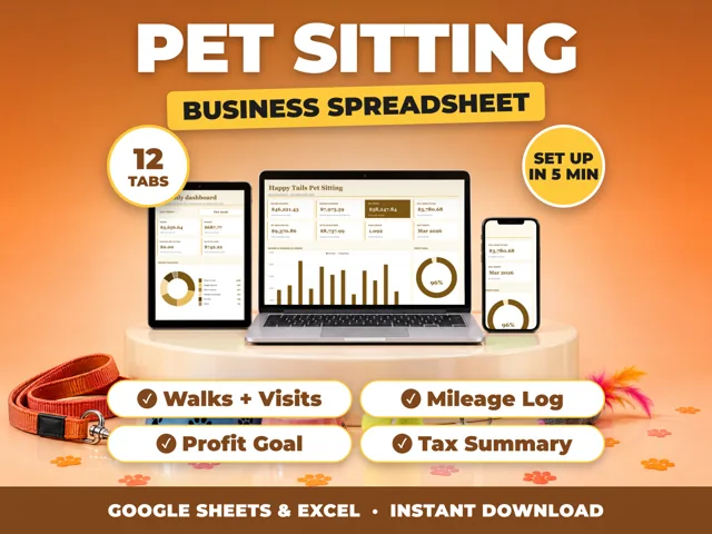 Pet Sitting bookkeeping spreadsheet for Google Sheets and Excel on laptop, tablet and phone