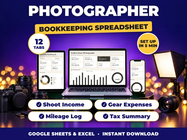Photographer bookkeeping spreadsheet for Google Sheets and Excel on laptop, tablet and phone
