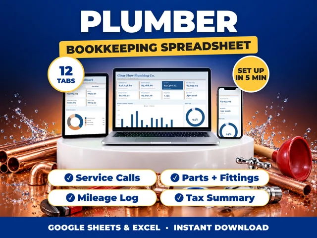 Plumber bookkeeping spreadsheet for Google Sheets and Excel on laptop, tablet and phone