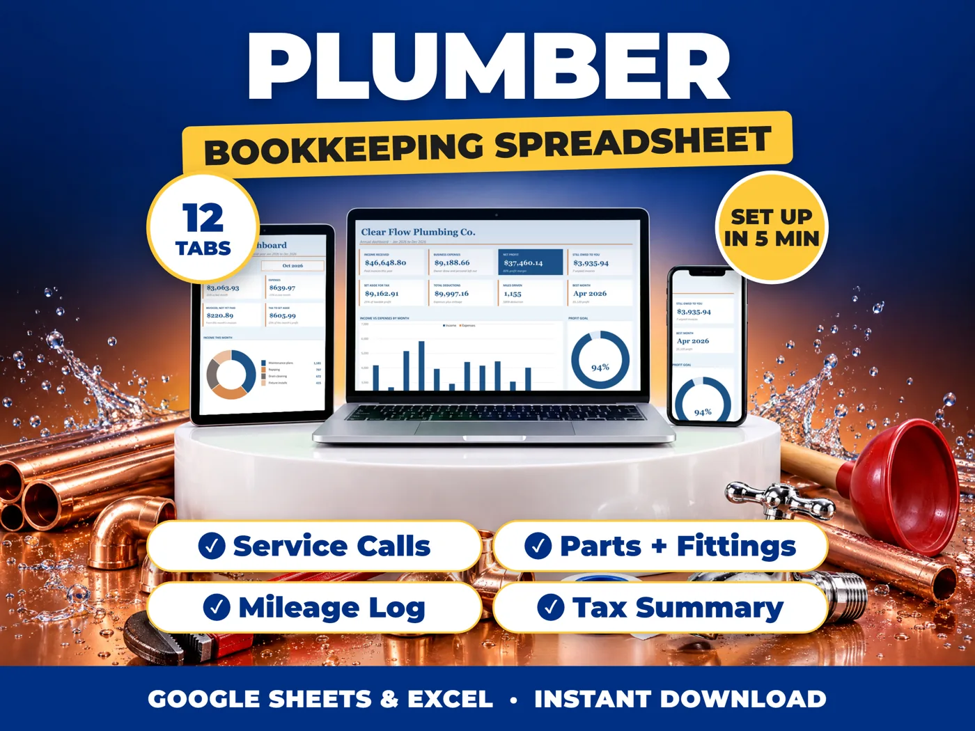 Plumber bookkeeping spreadsheet for Google Sheets and Excel on laptop, tablet and phone