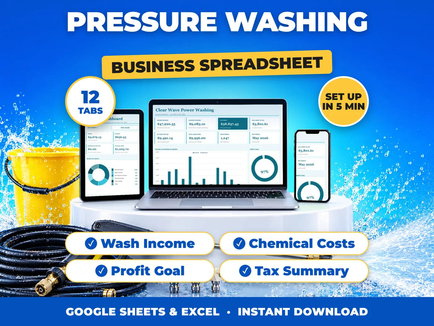 Pressure Washing bookkeeping spreadsheet for Google Sheets and Excel on laptop, tablet and phone