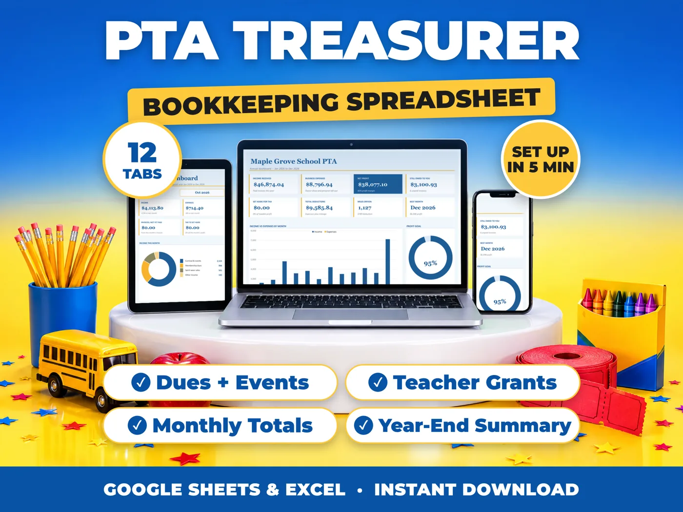 PTA Treasurer bookkeeping spreadsheet for Google Sheets and Excel on laptop, tablet and phone
