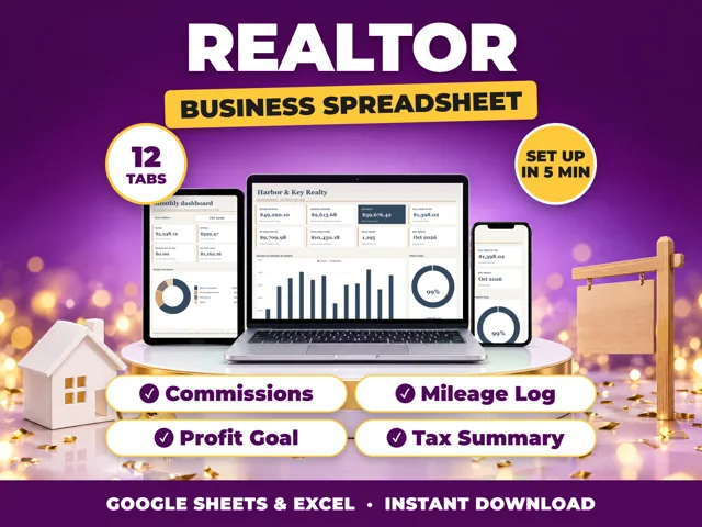 Realtor bookkeeping spreadsheet for Google Sheets and Excel on laptop, tablet and phone
