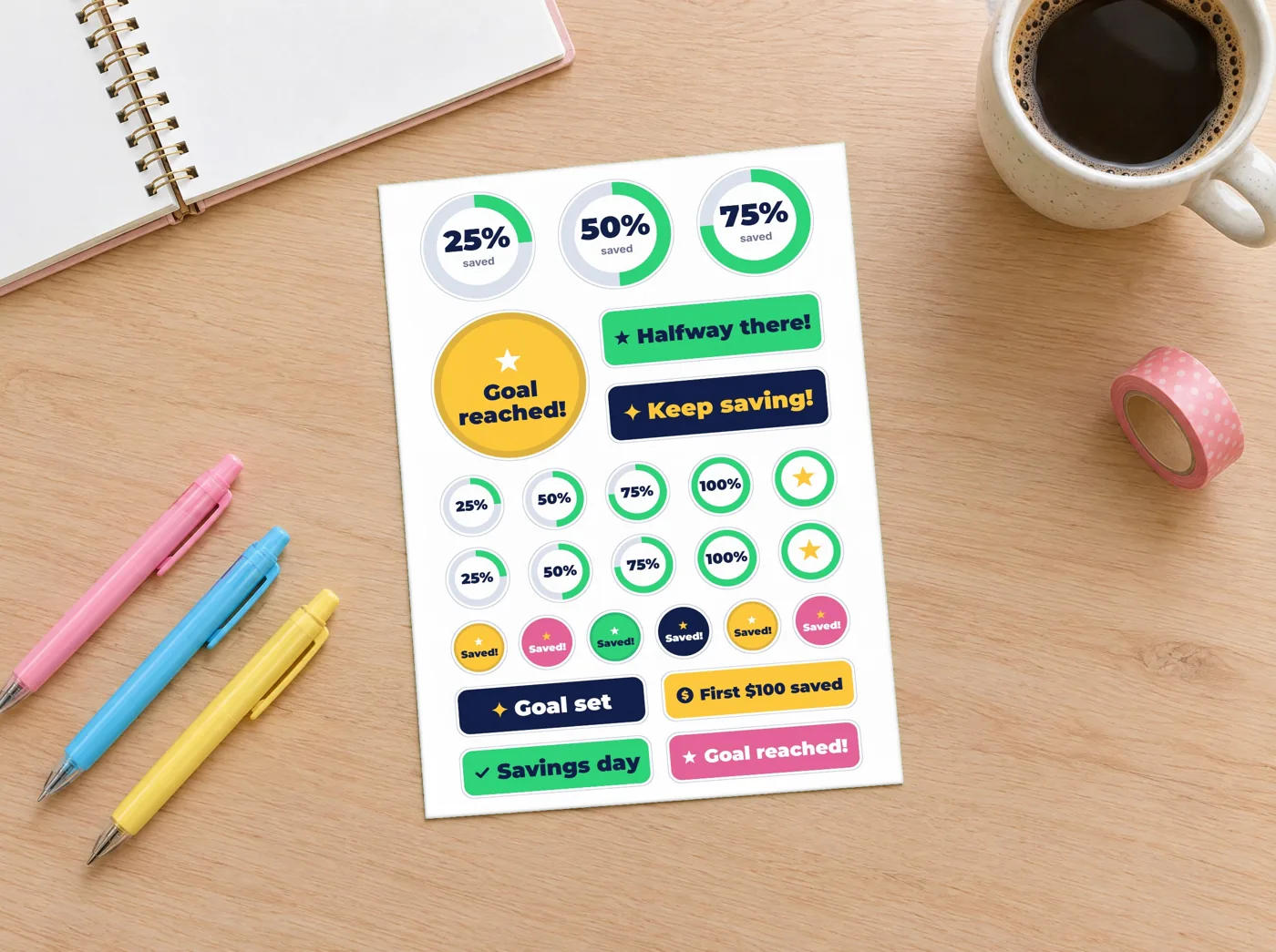 Savings Milestone Stickers: kiss-cut sticker sheet on a desk