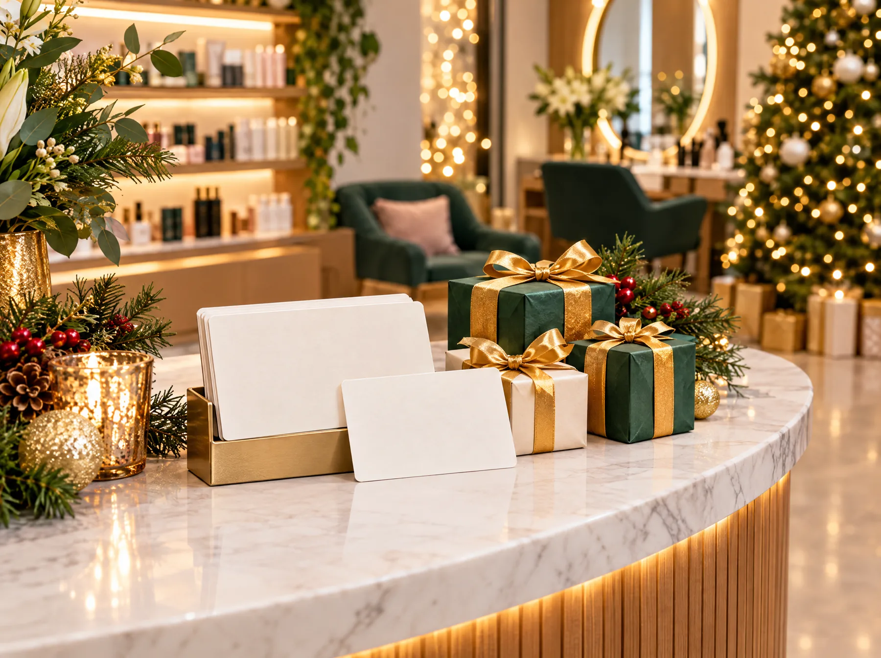 Gift certificates and wrapped presents on a salon counter