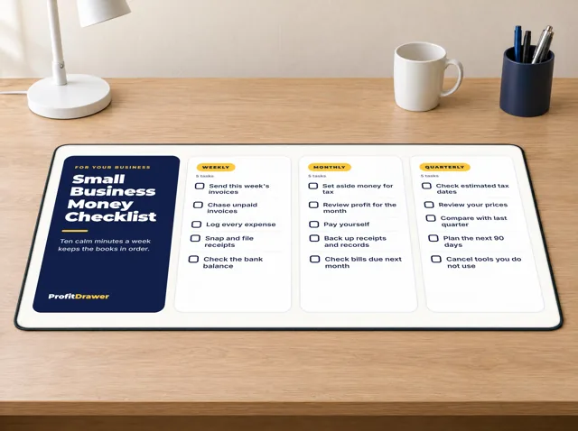 Small Business Money Checklist desk mat on a desk