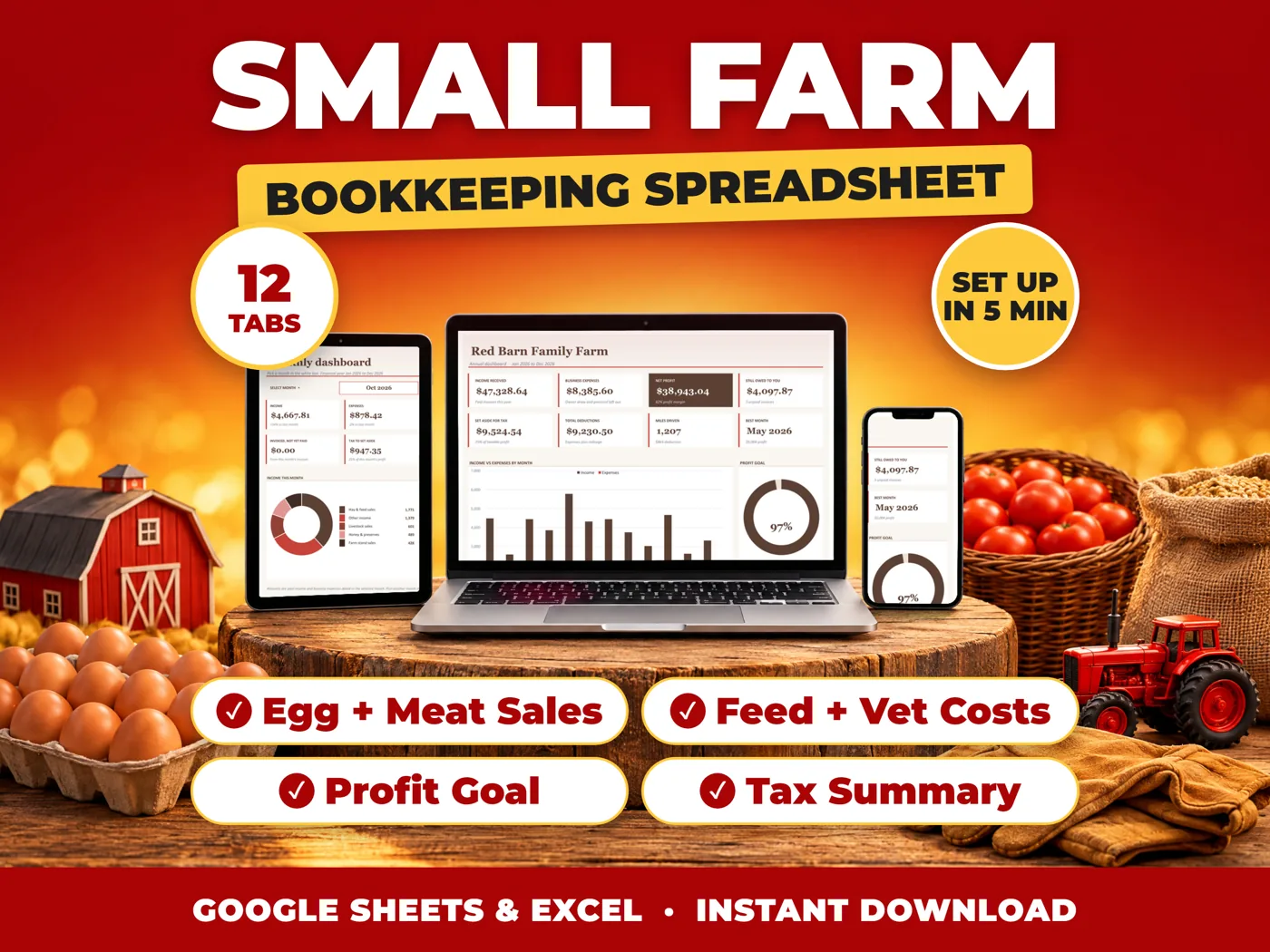 Small Farm bookkeeping spreadsheet for Google Sheets and Excel on laptop, tablet and phone